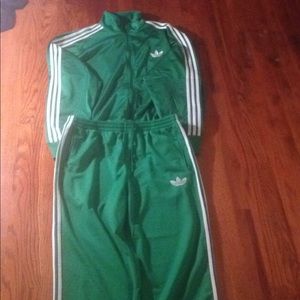 Green adidas sweat suit white stripes